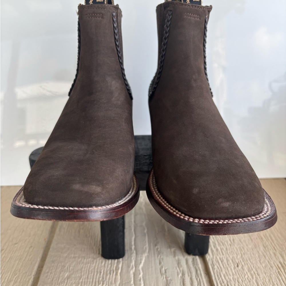 Brown Chelsea Boots with Sculptural Heel and Contrast Stitching